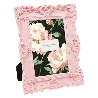 Image of Laura Ashley 4x6 Pink Ornate Textured Hand Crafted Resin Picture Frame with Easel &amp; Hook for Tabletop Wall Display, Decorative Floral Design Home Décor, Photo Gallery, Art, More (4x6, Pink)