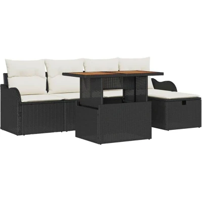 Image of vidaXL 6 Piece Garden Sofa Set with Cushions Black Poly Rattan