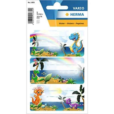 Image of HERMA 1889 Dino Book Labels for Writing on, 9 Pieces, 76 x 35 mm, Self Adhesive Lined Stickers School, Kids, Girls, Boys, Multicoloured Stickers, Colourful