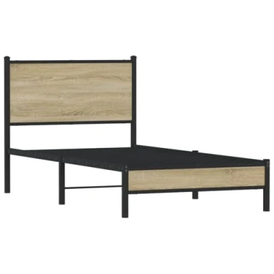 Image of vidaXL Metal Bed Frame with Headboard Sonoma Oak 75x190 cm Small Single Bedroom Furniture Engineered Wood and Steel
