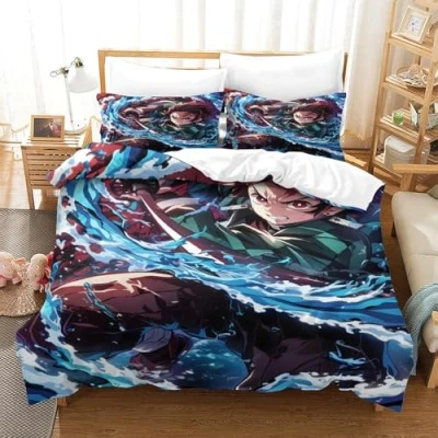 Image of GDEKCIEAS Anime 3D Demon Slayer Girls Bedding Set,3Pcs Duvet Cover with Decorative Quilt Design,Ultra Soft Comforter for Teens And Kids Single（140x200cm）