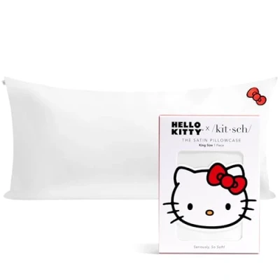 Image of Kitsch Hello Kitty Satin Pillowcase with Zipper for Hair, Softer Than Silk Pillow Cases King, Cooling Covers, Machine Washable Wrinkle Free, King 19x36, Solid Ivory Bow
