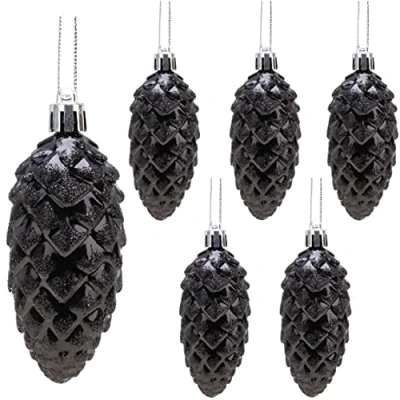 Image of Christmas Concepts® Pack of 6 90mm Pine Cone Baubles Shiny and Glitter Decorated Luxury Decorations (Black)