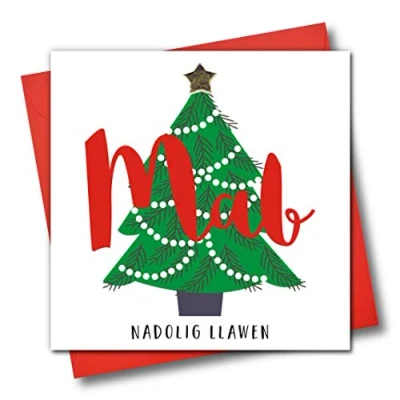 Image of Welsh Language Embellished Christmas Greeting Card, MAB, Nadolig Llawen, Merry Son, Tree