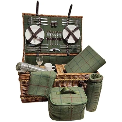 Image of Red Hamper FH124 Wicker Rope Handled Green Tweed 6 Person Fitted Picnic Basket