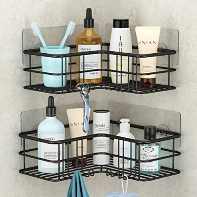 Image of Menbyci 2 Pack Corner Shower Caddy, Adhesive Bath Shelf with Hooks, Stainless Steel 304 Rust Resistant Bathtub Accessories Organizer, Storage Rack Shampoo Wall Mounted Organizer(Black)