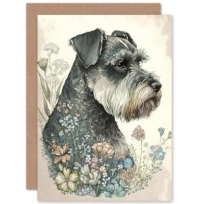 Image of Artery8 Grey Schnauzer Dog and Spring Flowers Boho Portrait Watercolour Illustration Art Birthday Sealed Greeting Card Plus Envelope Blank inside