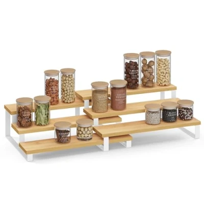 Image of SONGMICS Spice Rack, Set of 2 Cabinet Shelf Organisers, 3 Tier Extendable Holder, Bamboo, Stackable, for Pantry, Cupboard, Countertop, Natural and White KCS016N02