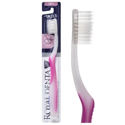 Image of Royal Denta Silver Soft Bristle Toothbrush, Brush for Sensitive Teeth, Dual Length Toothbrush Interdental Cleaning, Particles to Prevent Bacteria, Pink