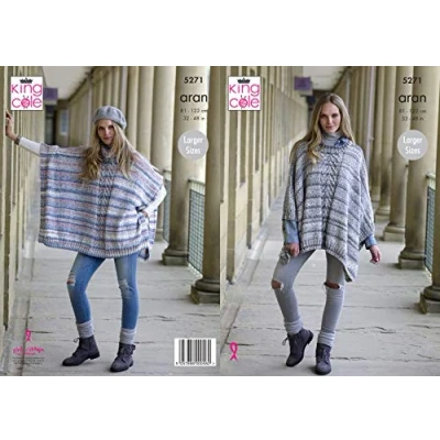 Image of King Cole 5271 Knitting Pattern Womens Round and Cowl Neck Ponchos in Drifter Aran
