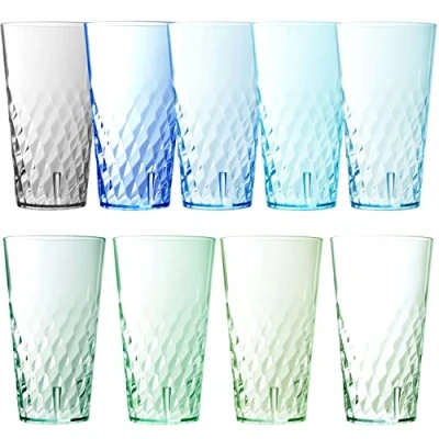 Image of Youngever 9 Pack 700ML Re usable Plastic Tumblers, Stackable Glasses, Drinking Shatterproof Beverage NO BPA, Top Rack Dishwasher Safe, Coastal Colors