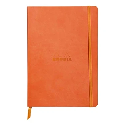 Image of RHODIA 117414C Tangerine Soft Notebook A5 Lined 160 pages Clairefontaine Ivory Paper 90 g/m Bookmark, Elastic Closure Faux Leather Cover Rhodiarama Collection