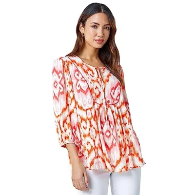 Image of Roman Womens Abstract Print Tie Detail Smock Top Orange Viscose Size 12 UK