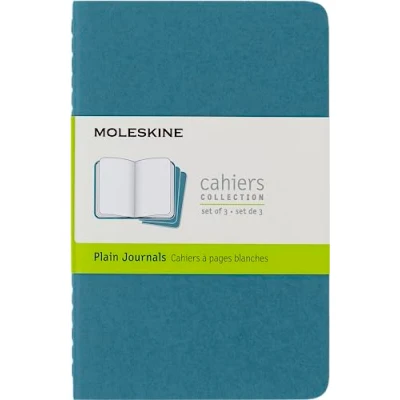 Image of Moleskine Cahier Journal, Set 3 Notebooks with Plain Pages, Cardboard Cover Visible Cotton Stiching, Colour Brisk Blue, Pocket 9 x 14 cm, 64 Pages