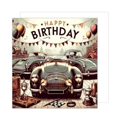 Image of Edition Seidel Premium Square Birthday Card with Envelope. Greeting Happy For Him Husband Father Son Grandpa Friend Vintage Car (GQ272 SW024)