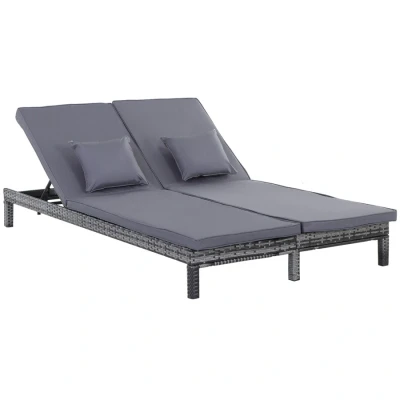 Image of Outsunny Garden Double Rattan Sun Lounger Companion Reclining Recliner Wicker Weave Patio Outdoor Furniture Cushioned Grey