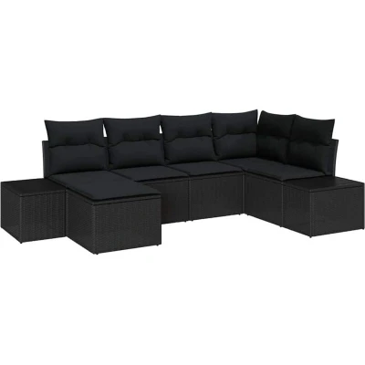 Image of vidaXL 6 Piece Garden Sofa Set with Cushions Black Poly Rattan