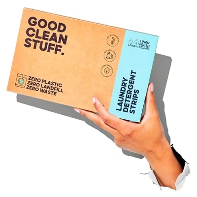 Image of Good Clean Stuff Laundry Detergent Strips Sheets 64 loads Eco Ultra Concentrated Non Bio Linen Fresh Scent for Machine and Hand Washing