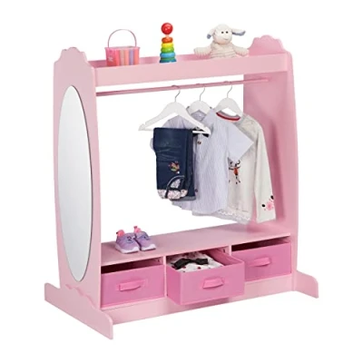 Image of Relaxdays Children&#039;s Clothes Rack, 5 Compartments, Rail, Hook and Mirror, H x D: 107 97.5 61 cm, Pink