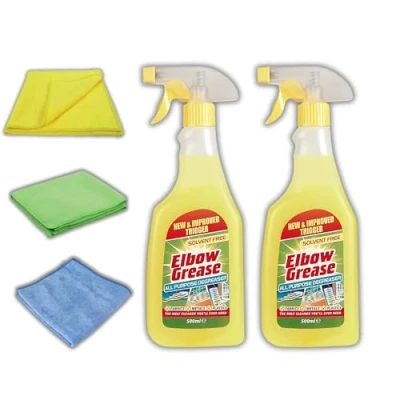 Image of 2 x Elbow Grease all Purpose Cleaner Spray Bundle with Microfibre cloths Heavy Duty Degreaser Multipurpose Surface for surfaces 3 ultra absorbant Microdibre