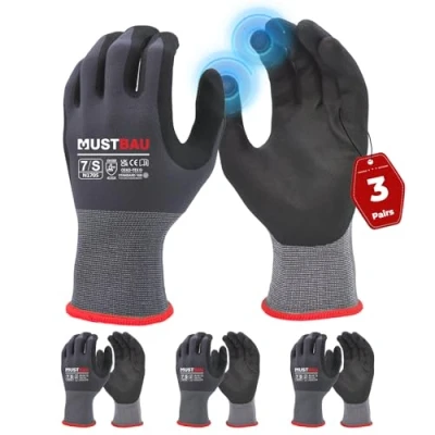 Image of Mustbau 3 Pairs Safety Work Gloves,Non Slip Gardening Gloves, Abrasion Resistant Nylon Working Gloves,Good Grip on Palm and Fingers,Ideal for Men Women General Duty S