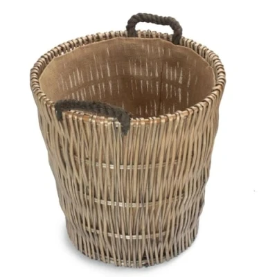 Image of Red Hamper Tall Grey Round Hessian Lined Wicker Log Basket, Brown, H32 x W43 D49cm