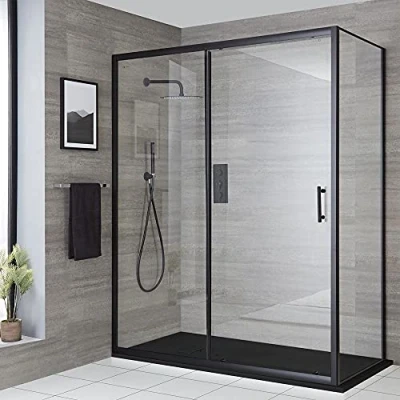 Image of Milano Nero Black Reversible Corner Walk in Sliding Door Shower Enclosure and Graphite Slate Effect Tray 1400mm x 800mm