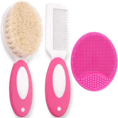 Image of Baby Hair Brush and Comb Set for Newborns &amp; Toddlers Natural Soft Goat Bristles with Silicone Cradle Cap Ideal Perfect Registry Gift (Rosered)
