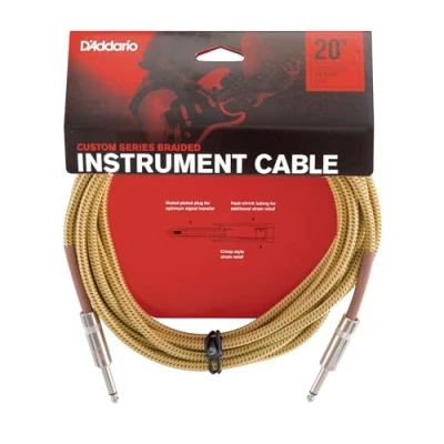 Image of D’Addario Accessories Custom Series Braided Guitar Cable Instrument with Nickel Plated ¼ Inch Ends Protects Cord Against Cuts, Kinking 20 feet Tweed
