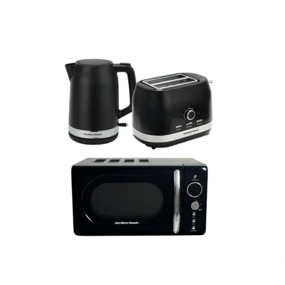 Image of Hamilton Beach Ella Kitchen Bundle, 1.7L Cordless Kettle, 2 Slice Wide Slot Toaster, 20L Retro Microwave, Kettle &amp; Toaster Set, Set ELLABB, Black
