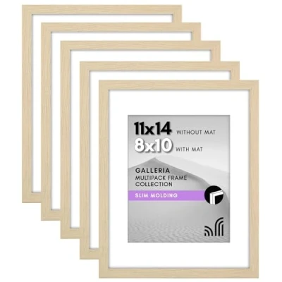 Image of Americanflat 11x14 Picture Frame with Polished Plexiglass Set of 5 Use as 8x10 Mat or Without Galleria Collection Gallery Wall for Natural Oak