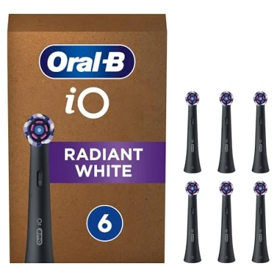 Image of Oral B iO Radiant White Electric Toothbrush Head, Angled Bristles Deeper Plaque Removal, with Polishing Petals for Teeth Whitening, Pack of 6 Heads, Black