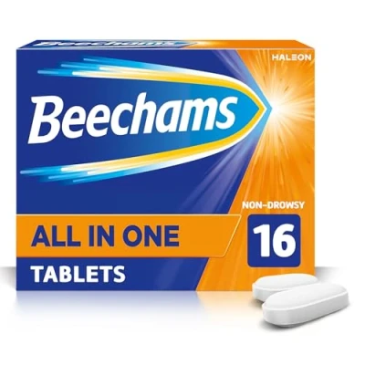 Image of Beechams All In One Cold and Flu Tablets, Cough Medicine for Adults &amp; Headache Relief with Paracetamol, 16 Count