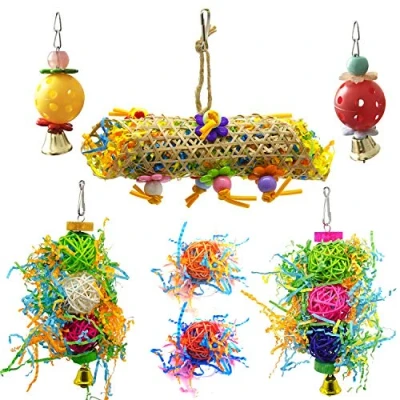 Image of Allazone 7 PCS Bird Chewing Toys, 3 Pack Cage Toys Swing Hanging Parrot Perches, 2 Bell and Foot Catch Ball for Small Parrots, Macaws, Parakeets, Conures, Cockatiels