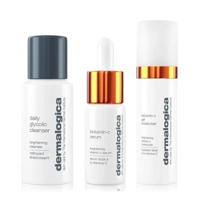 Image of Dermalogica Daily Brightness Boosters Kit, Glycolic Cleanser 28ml, BioLumin C Serum 8ml, Gel Moisturiser 14ml, Brightens, Conditions, Hydrates, Skincare Routine Essentials