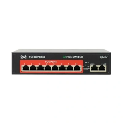 Image of PNI SWPOE82 POE Switch, 8 100Mbps Ports and 2 Up Link Ports, 120W, AI Function Extends to 250m, Lightning Protection 4KV