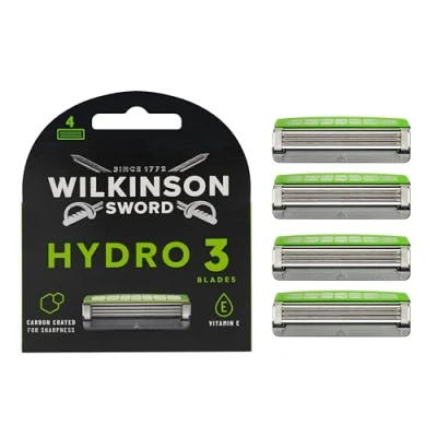 Image of WILKINSON SWORD Hydro 3 Razor Blades For Men, Carbon Coated Blades, Hydrating Gel &amp; Skin Guards, Pack of 4 Blade Refills