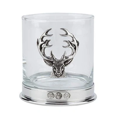 Image of Lead Free pewterware Mounted 12oz Whisky Glass with a stag&#039;s Head Emblem in Presentation Box of 1,2 or 4 Glasses (1)