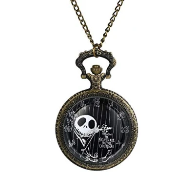 Image of JewelryWe Nightmare Before Christmas Pocket Watch Men Women Antique with Chain Black Necklace for Xmas