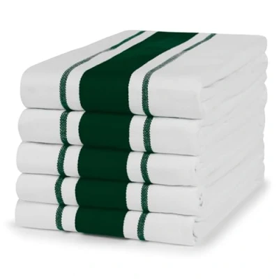 Image of 100% Cotton Tea Towel Forest Green Stripe Pattern, Pack of 5 Kitchen Set Absorbent, Strong, Quick Dry &amp; Machine Washable Home Bathroom Accessories