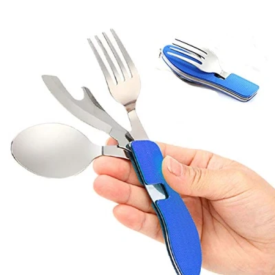 Image of senvenelec 4 in 1 Camping Cutlery Set, Stainless Steel Fork Spoon Opener Set/Travel/Survival Foldable Detachable Blue