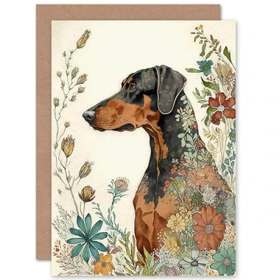 Image of Artery8 Doberman Dog with Spring Flowers Colourful Watercolour Illustration Art Birthday Sealed Greeting Card Plus Envelope Blank inside