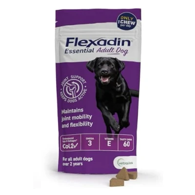 Image of Flexadin Adult Dog Joint Supplement containing UC II Designed to aid Mobility &amp; Flexibility Natural Ingredients Omega 3 Vit E Aged 2+ 60 Chews