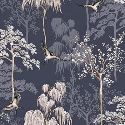 Image of Arthouse Japanese Garden Blue Floral Bird Design Paste The Paper Wallpaper