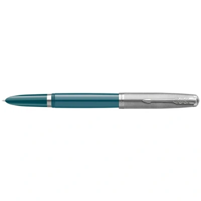 Image of Parker 51 Fountain Pen Teal Blue Barrel with Chrome Trim Fine Nib Black Ink Cartridge Gift Box