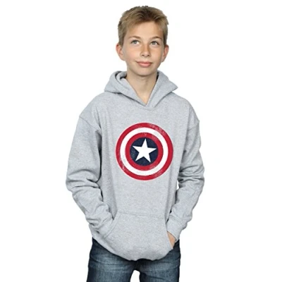 Image of Marvel Boys Captain America Distressed Shield Hoodie Sport Grey 5 6 Years