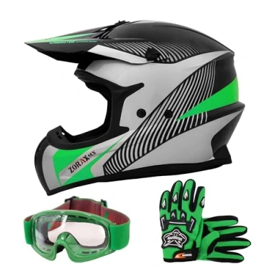 Image of Zorax Black/Silver/Green XL (61cm) ZOR X305 Motocross Helmet &amp; Gloves XL(11cm) Goggles MX Quad ATV Sports Enduro Crash Dirt Bike ECE 22.06 Certified