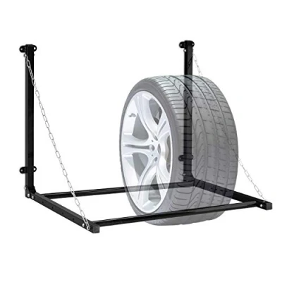 Image of Relaxdays Tyre Rack Wall Mounted for 4 Tyres Telescopic Holder Mount up to 90 kg Foldable Steel Black