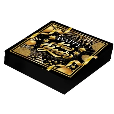 Image of FIESTAS GUIRCA 20 Disposable Happy New Year Napkins (6.3x6.3 in) Table Decoration for Parties Ideal Events and Celebrations Black Gold