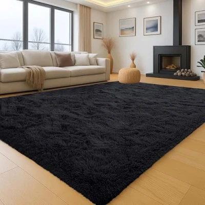 Image of Aspire Homeware Rugs Living Room Large 160x230 Cm Black Area for Bedroom Super Soft Anti Slip Fluffy Shaggy Rug Thick Pile Non Shedding